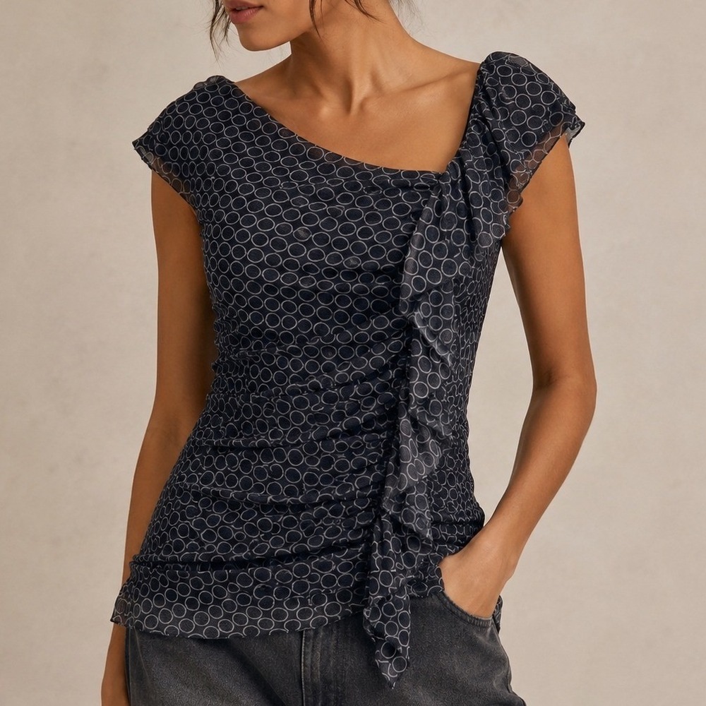 Anthropologie Gray Mesh Ruffle Asymmetrical Top, Large Geometric Circle USA Made